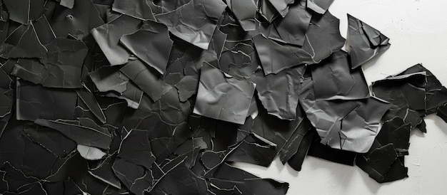 Piezas de papel negro en una pared blanca