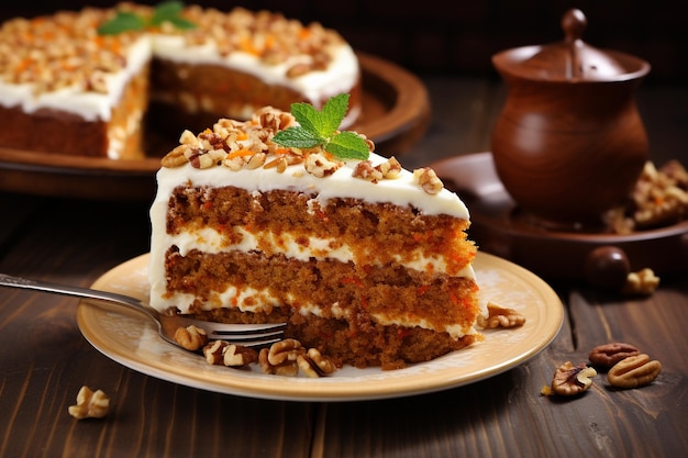 Piezas de pastel de zanahorias con nueces con helado en un fondo claro