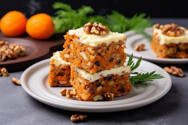 Piezas de pastel de zanahorias con nueces con helado en un fondo claro