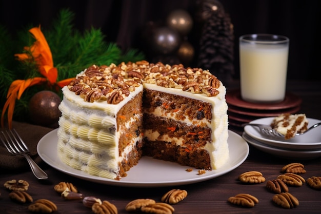 Piezas de pastel de zanahorias con nueces con helado en un fondo claro