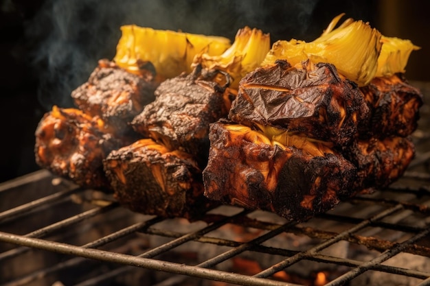 Piezas de piña carbonizadas en una barbacoa humeante creada con IA generativa