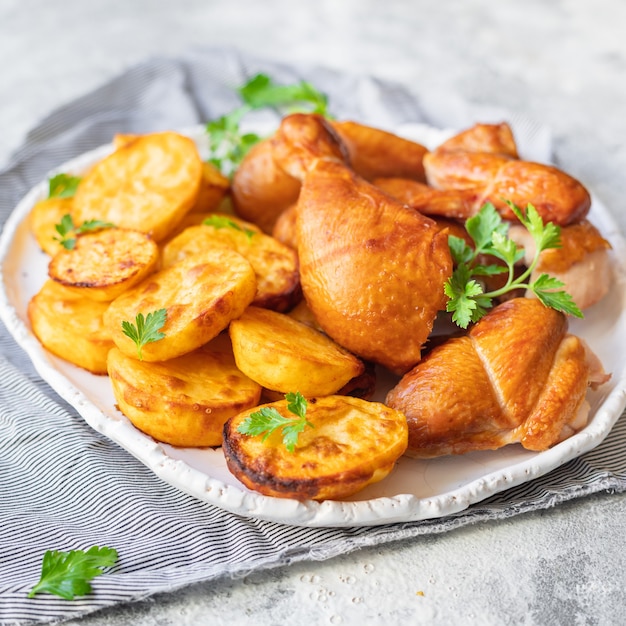 Piezas de pollo y patatas fritas al horno plato de carne de aves de corral