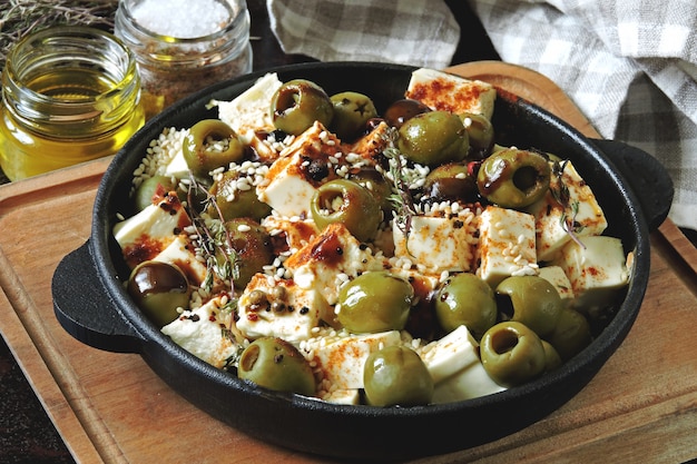 Piezas de queso feta al horno con aceitunas y especias. Almuerzo o merienda saludable. Dieta Keto Keto receta.