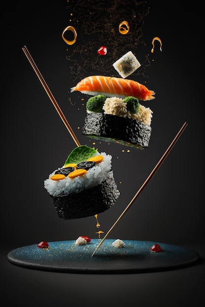 Piezas de rollo de sushi volando en el aire Comida japonesa sobre fondo negro IA generativa