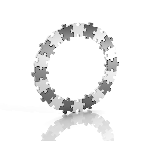 Piezas de rompecabezas en blanco y negro en un círculo aislado