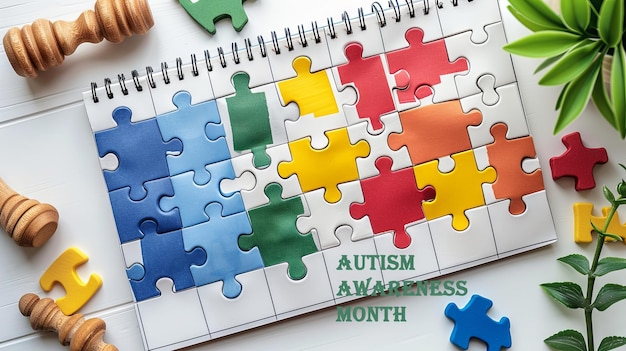 Foto piezas de rompecabezas figuras de madera en el bloc de notas mes de concienciación sobre el autismo