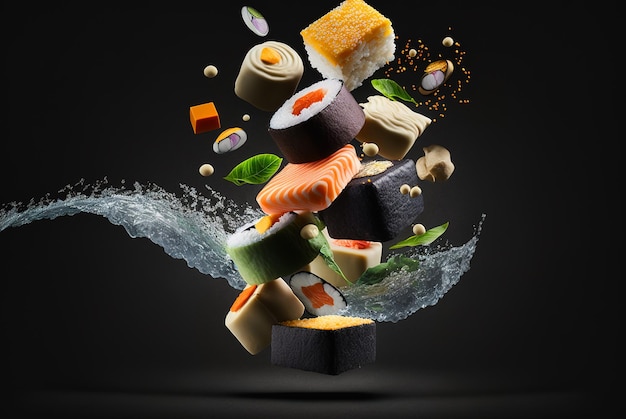 Piezas de sushi maki volando en el aire Comida japonesa sobre fondo negro IA generativa
