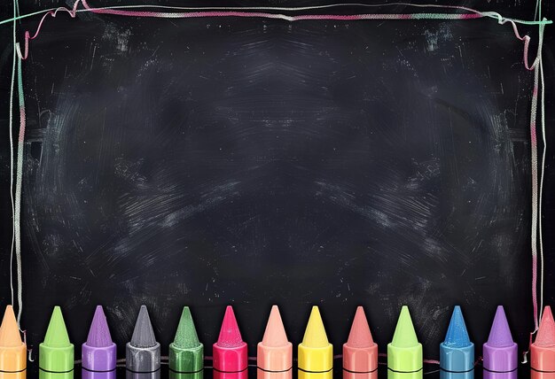 Piezas de tiza de colores alineadas para la expresión creativa en una tabla en blanco