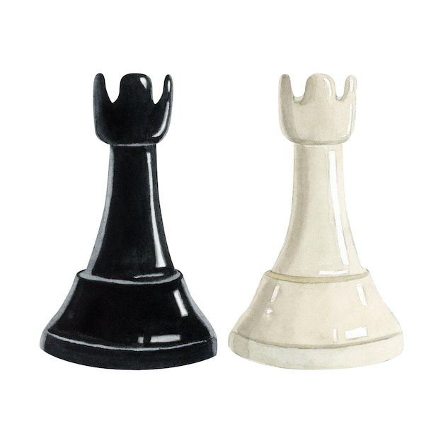 Piezas de torres de ajedrez de acuarela ilustración en blanco y negro Figuras realistas
