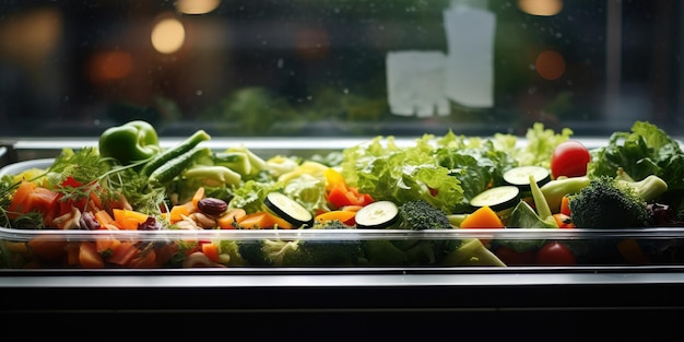 Piezas de verduras colocadas en una ventana de ensalada de un restaurante de comida rápida