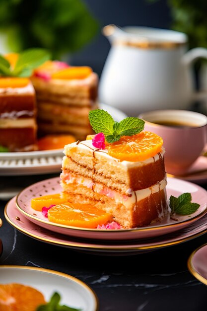 Piezo de pastel con rebanadas de naranja en el plato con una taza de café IA generativa