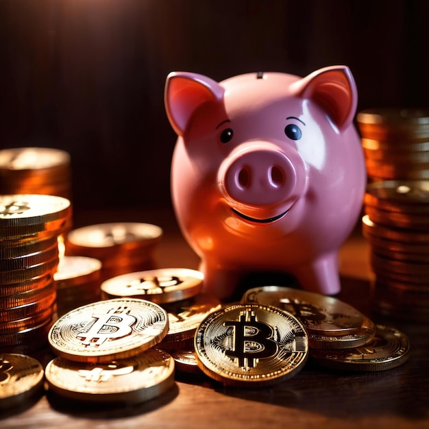 Piggy bank ao lado da criptomoeda digital bitcoin mostrando poupança e riqueza através de criptomoedas