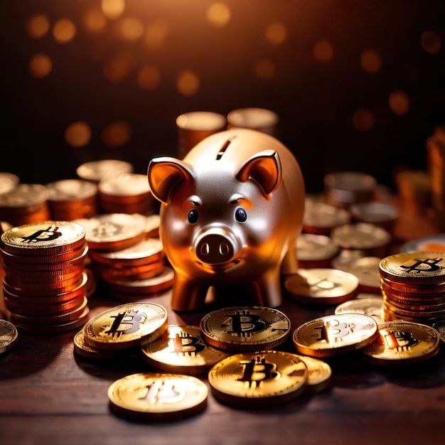 Piggy bank ao lado da criptomoeda digital bitcoin mostrando poupança e riqueza através de criptomoedas