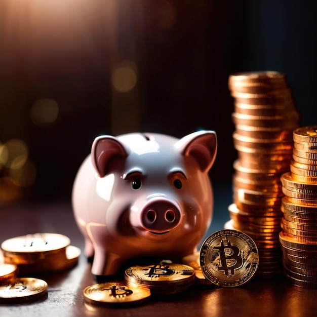 Piggy bank ao lado da criptomoeda digital bitcoin mostrando poupança e riqueza através de criptomoedas