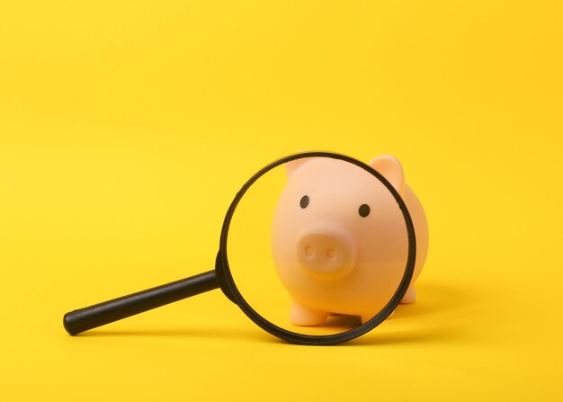 Foto piggy bank através de lupa em fundo amarelo