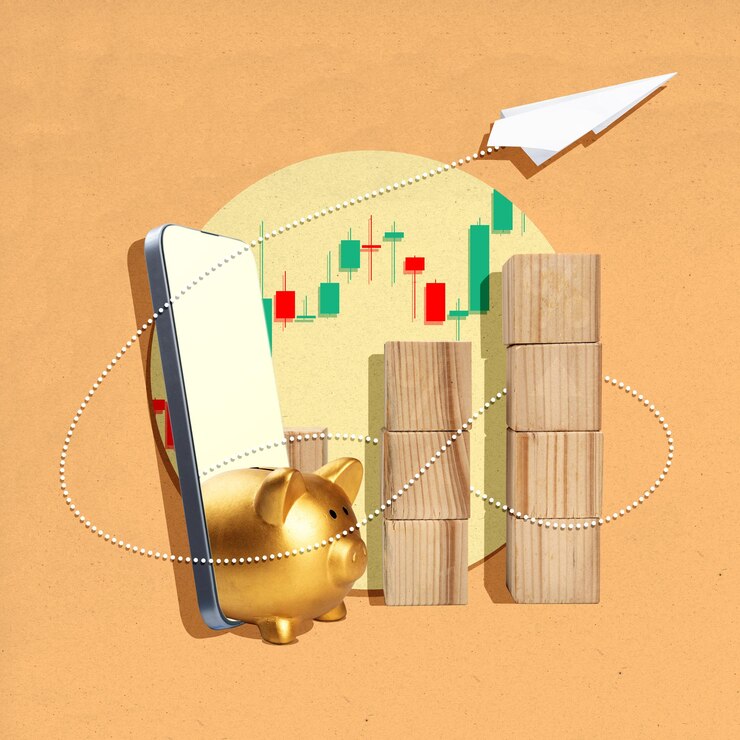 Foto piggy bank con un avión de papel volando a través de una pantalla de teléfono móvil