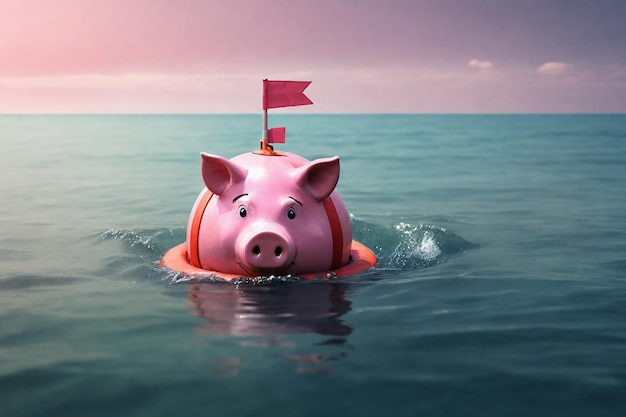 Piggy bank con una bandera flotando en el mar 3d render