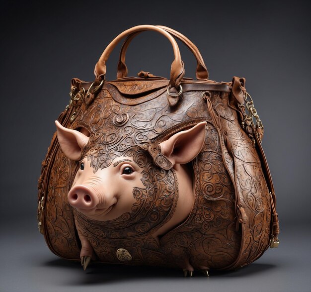 Foto piggy bank en una bolsa de cuero marrón sobre un fondo gris