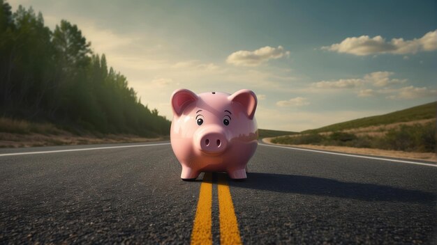 Piggy bank en la carretera con el fondo de la montaña