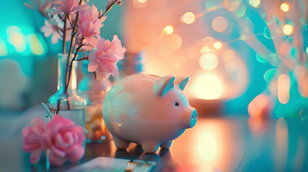 Piggy bank com coisas de negócios negócios e finanças conceito vintage tom de cor AI gerativa