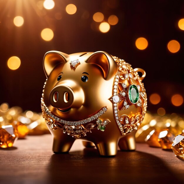 Foto piggy bank com ouro e diamantes significando riqueza luxo e sucesso investimento inteligente