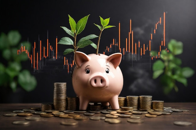 Piggy bank com planta crescendo em moedas e gráfico em fundo escuro
