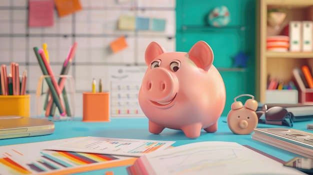 Piggy bank con cosas de negocios concepto de negocios y finanzas