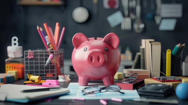Piggy bank con cosas de negocios concepto de negocios y finanzas