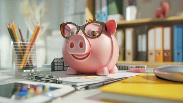 Piggy bank con cosas de negocios concepto de negocios y finanzas