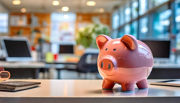 Piggy bank em uma mesa de escritório e conceito de fundo de finanças e poupança de crescimento