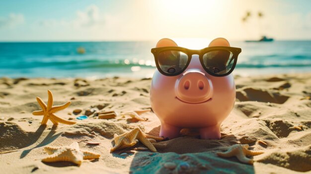 Piggy bank con gafas de sol en una playa soleada generativa ai