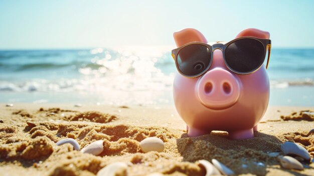 Piggy bank con gafas de sol en una playa soleada generativa ai