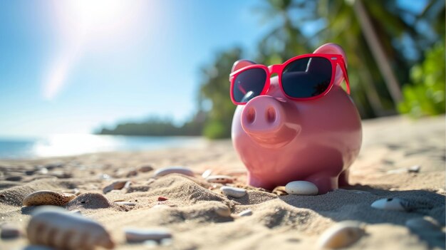 Piggy bank con gafas de sol en una playa soleada generativa ai