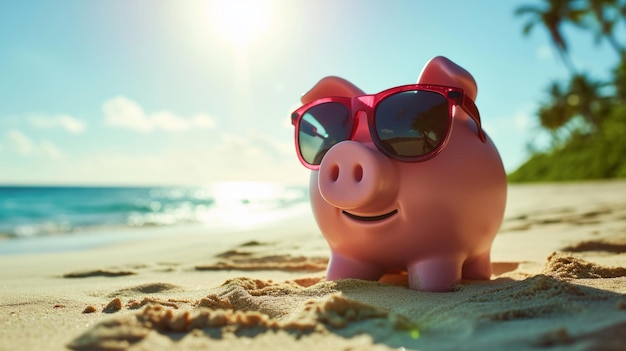 Piggy bank con gafas de sol en una playa soleada generativa ai