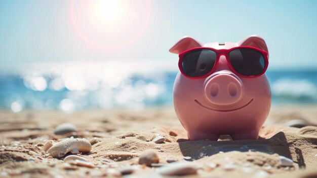 Foto piggy bank con gafas de sol en una playa soleada generativa ai