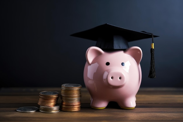 Piggy Bank con gorra de graduación y monedas en mesa de madera Piggy Bank con sombrero de graduación negro con monedas AI Generado