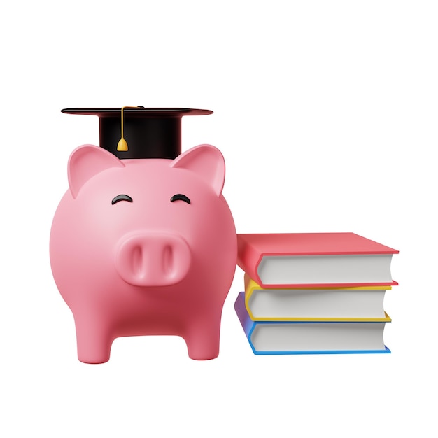 Foto piggy bank con gorra de graduación negra y libros aislados en fondo blanco ahorro de dinero invertir en educación o concepto de conocimiento planificación financiera préstamo bancario para el costo de la matrícula renderización 3d