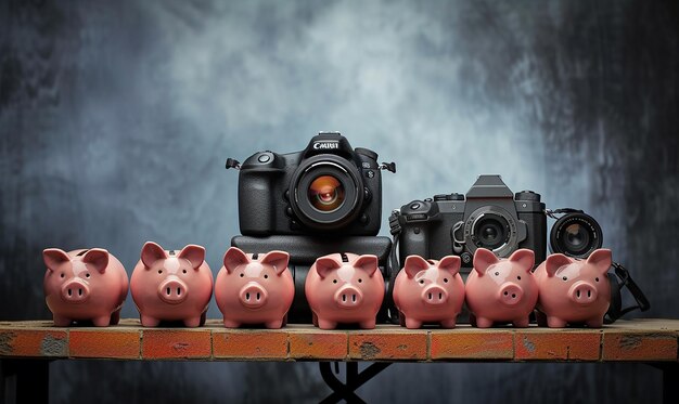 Foto piggy bank con gráficos financieros y fotos de gestión de dinero