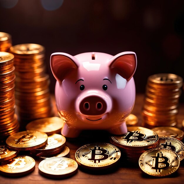 Piggy bank junto a la criptomoneda digital bitcoin que muestra el ahorro y la riqueza a través de la criptografía