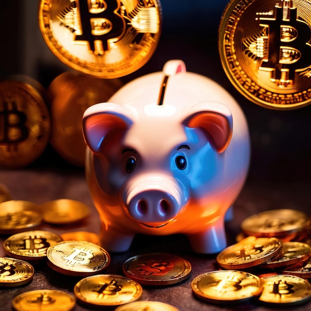 Piggy bank junto a la criptomoneda digital bitcoin que muestra el ahorro y la riqueza a través de la criptografía
