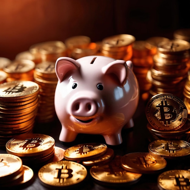 Piggy bank junto a la criptomoneda digital bitcoin que muestra el ahorro y la riqueza a través de la criptografía