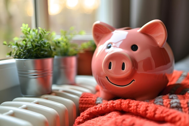 Piggy Bank junto a la planta en maceta