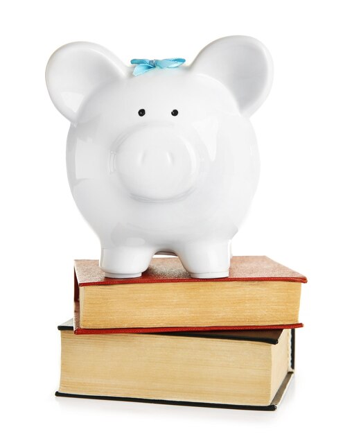 Foto piggy bank en libros aislados en blanco