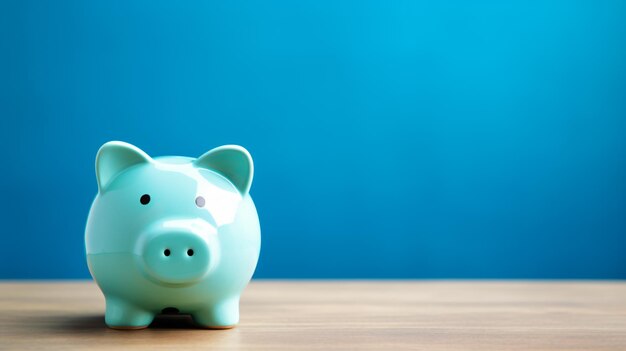 Piggy Bank en una mesa de madera con un fondo azul