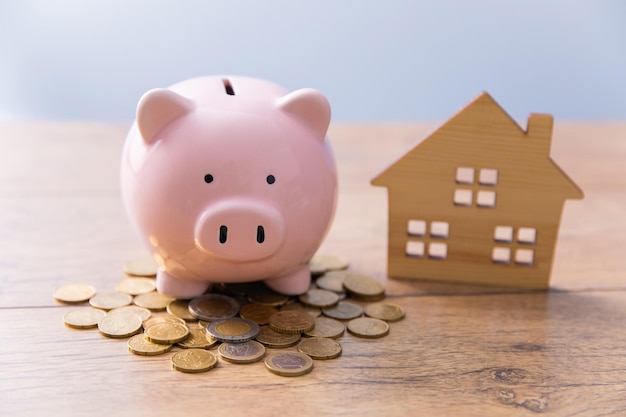 Piggy bank con modelo de casa y un montón de monedas Ahorro de dinero para comprar una casa