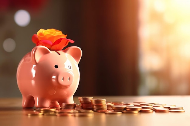 Piggy bank con monedas en la mesa concepto de negocios y finanzas con IA generado