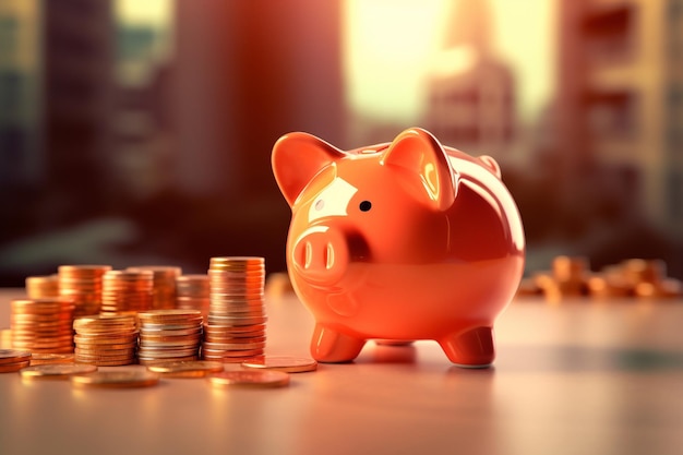 Piggy bank con monedas en la mesa concepto de negocios y finanzas con IA generado