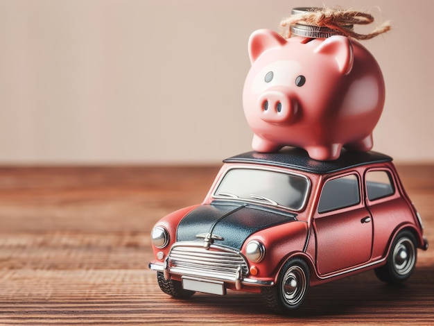 Piggy bank no telhado de um carro em um fundo de madeira