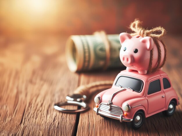 Piggy bank no telhado de um carro em um fundo de madeira