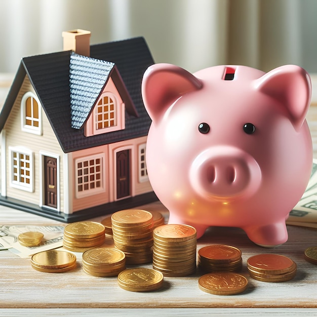 Piggy bank rosa ao lado de moedas de ouro e casa propriedade investimento imobiliário